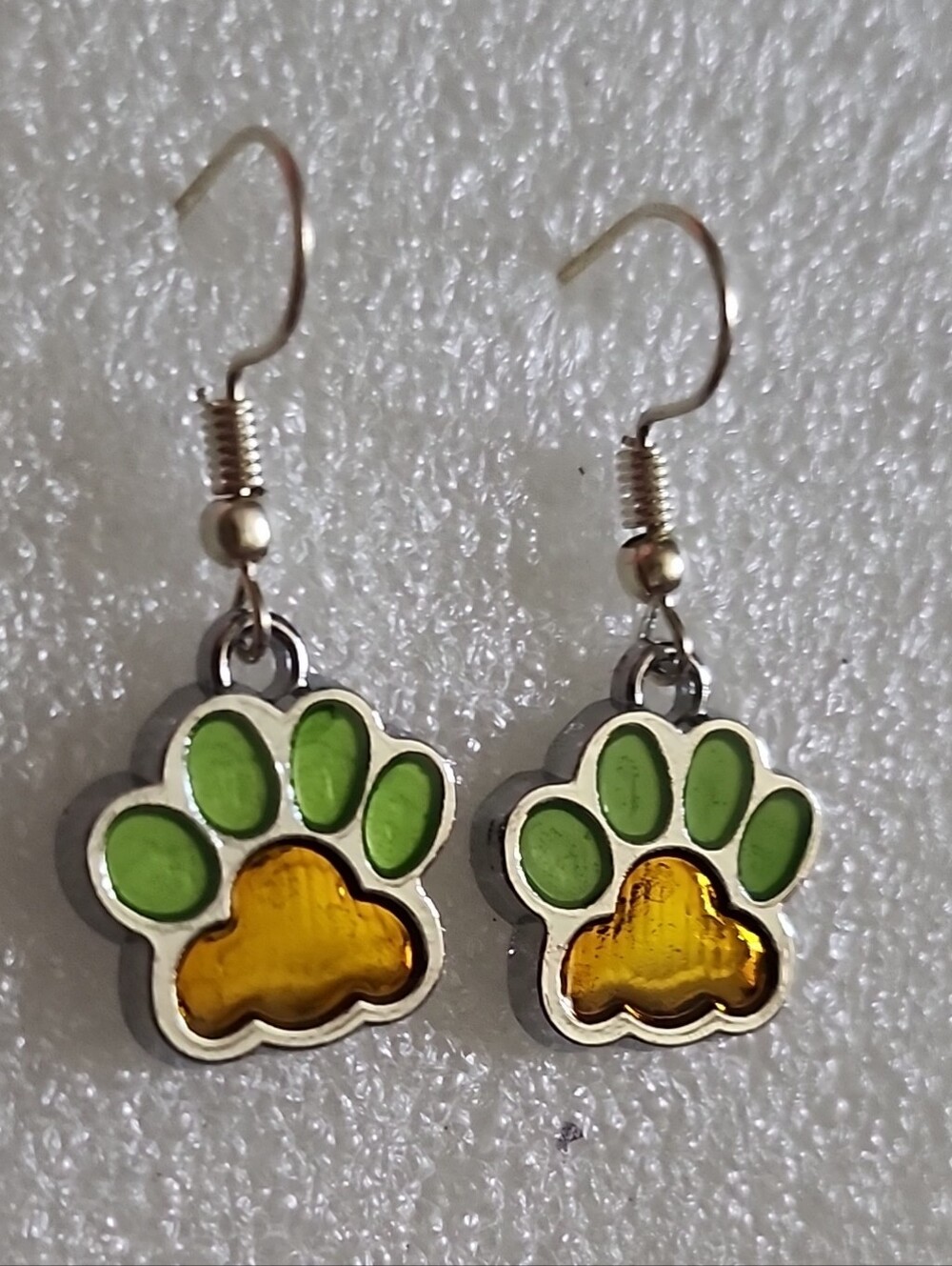 Hand Crafted Green and Yellow Paw Print Earrings